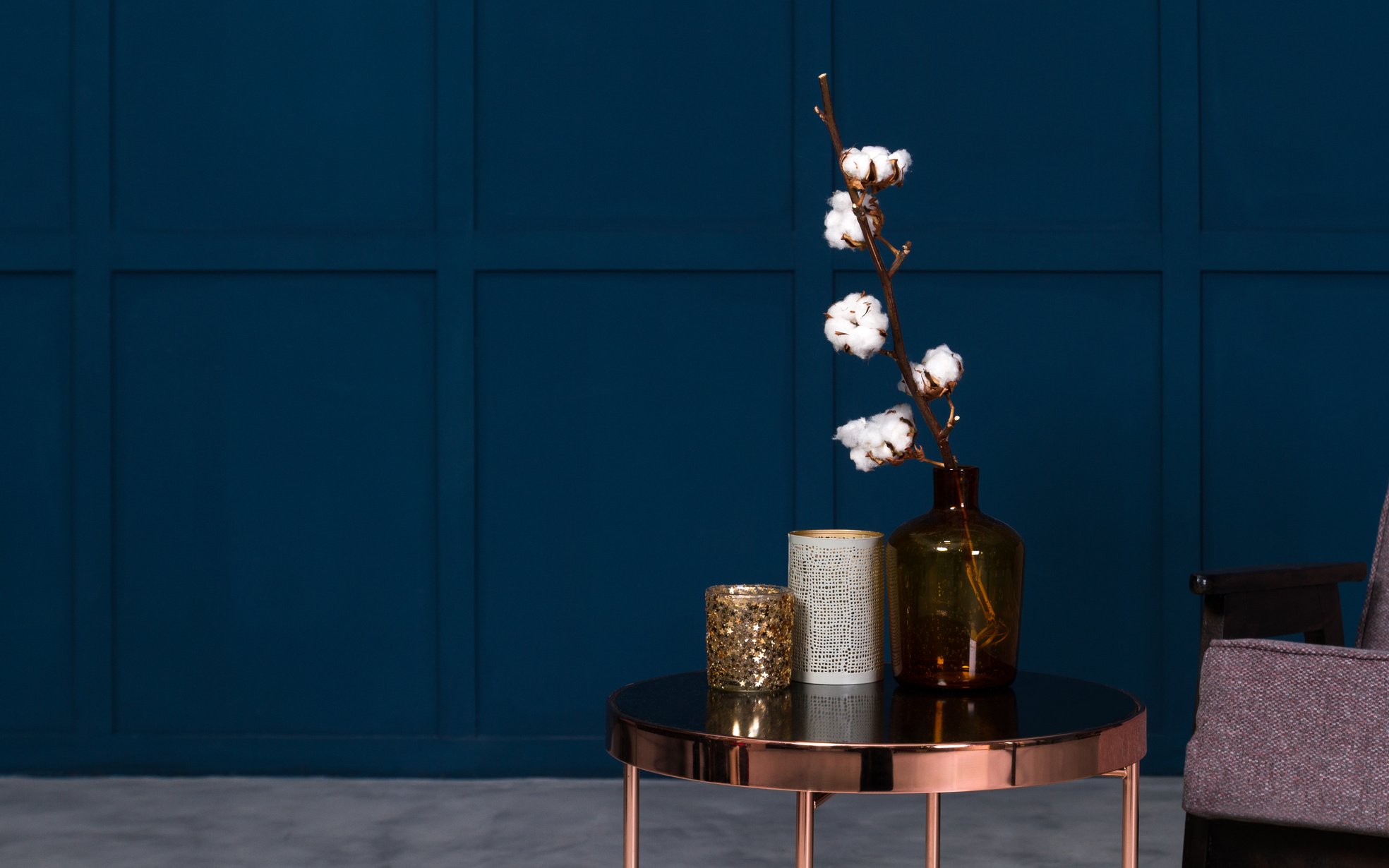 Home accessories vases on copper coffee table